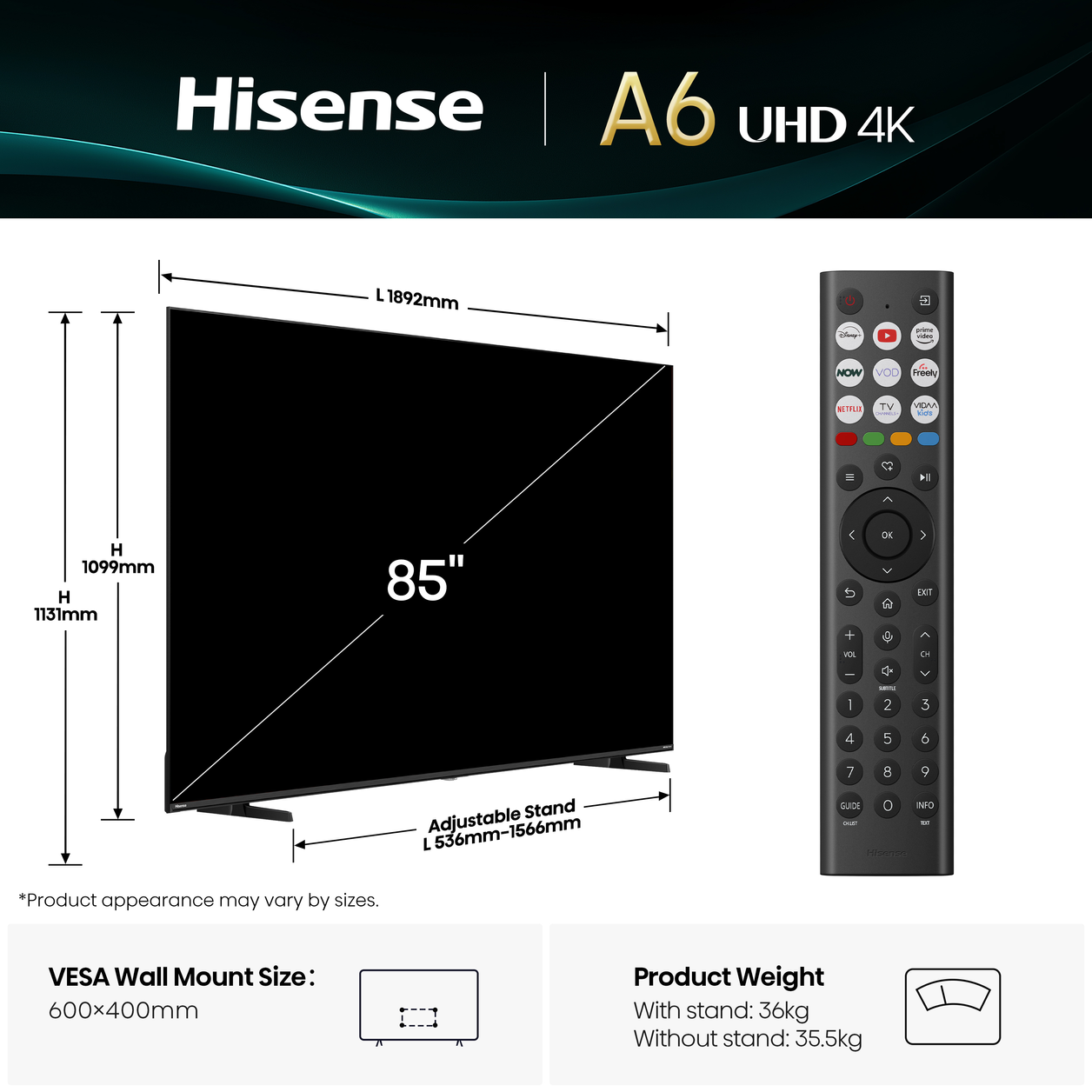 Hisense 85A6QTUK TV 190.5 cm (75") 4K Ultra HD Smart TV Wi-Fi Black 400 cd/m²
