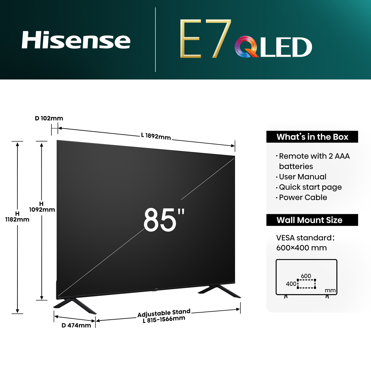 Hisense 85E7NQTUK TV 2.16 m (85") 4K Ultra HD Smart TV Wi-Fi Black 350 cd/m²