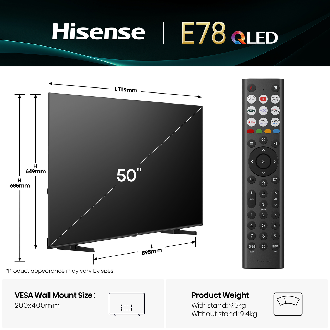 Hisense 50" E78QTUK QLED Smart AI TV with Freely
