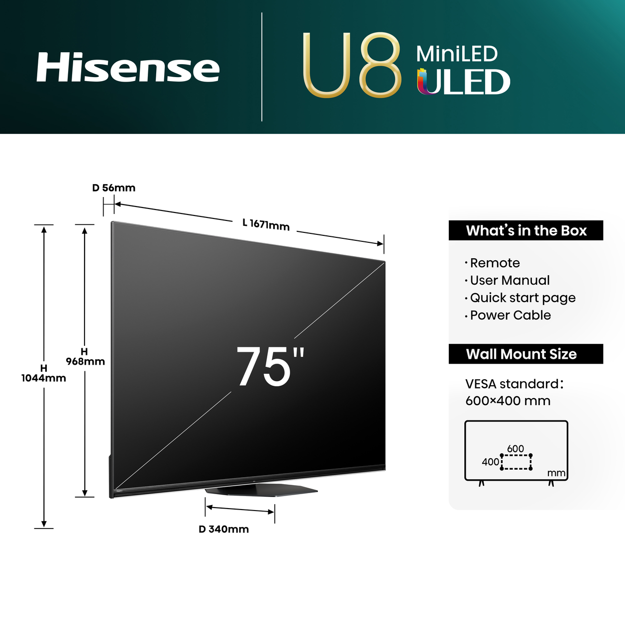 Hisense 75U8NQTUK TV 190.5 cm (75") 4K Ultra HD Smart TV Wi-Fi Grey 3000 cd/m²