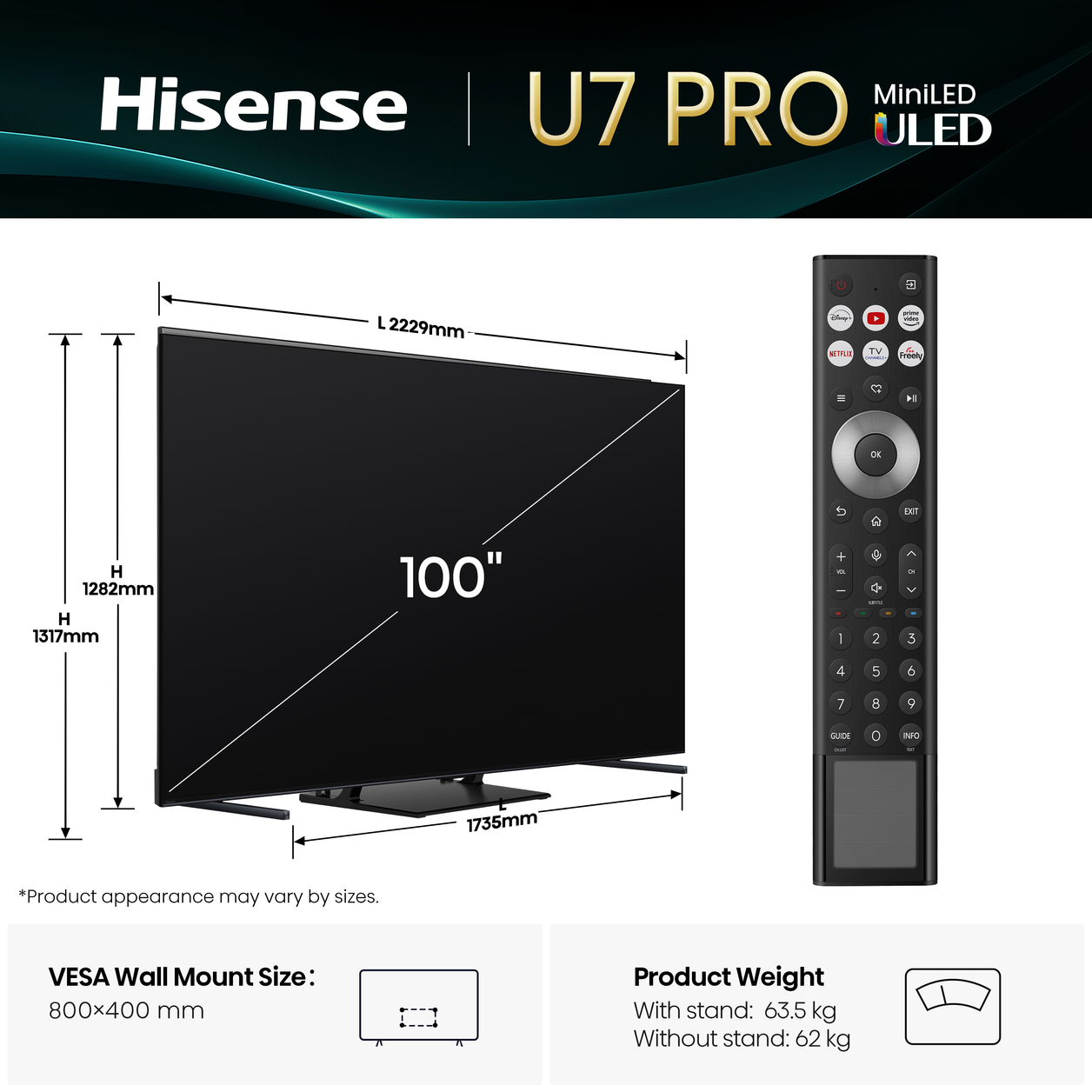 Hisense 100" U7QTUK PRO MiniLED 165Hz Smart AI TV with Freely