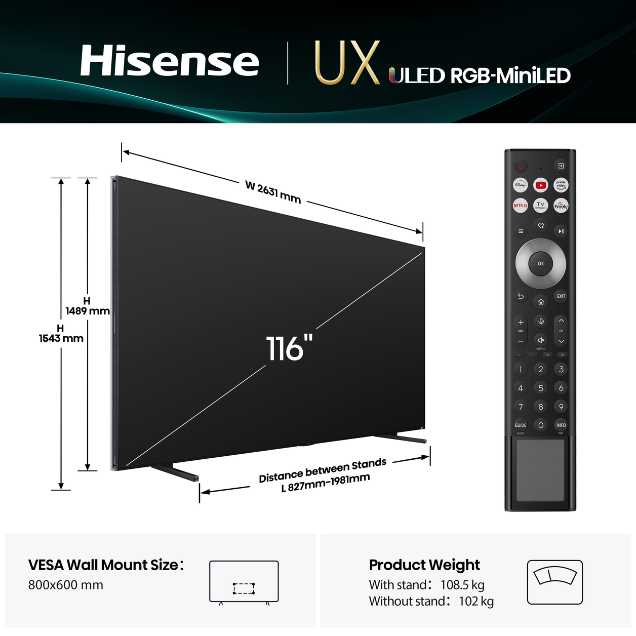 Hisense 116" UXQTUK Tri-Chroma RGB MiniLED Smart AI TV with Freely
