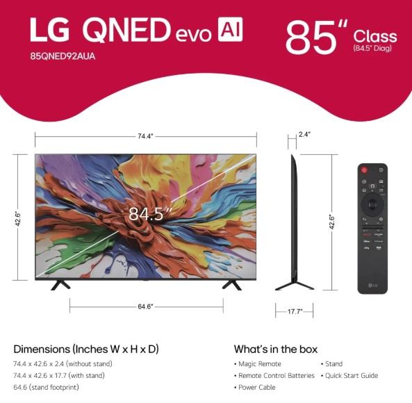LG QNED evo AI 85QNED92AUA TV 2.16 m (85") 4K Ultra HD Smart TV Wi-Fi Black
