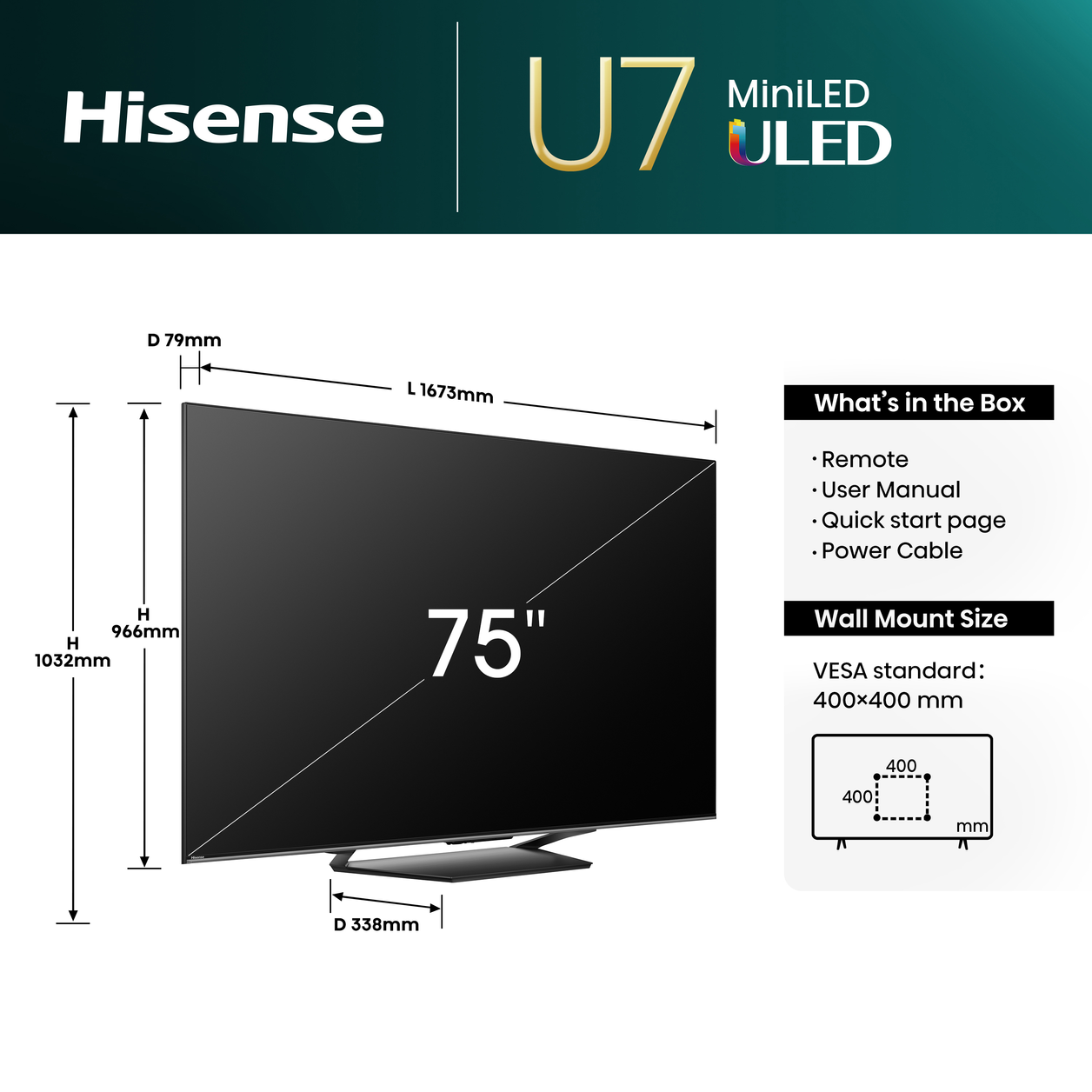 Hisense 75U7NQTUK TV 190.5 cm (75") 4K Ultra HD Smart TV Wi-Fi Black 1500 cd/m²