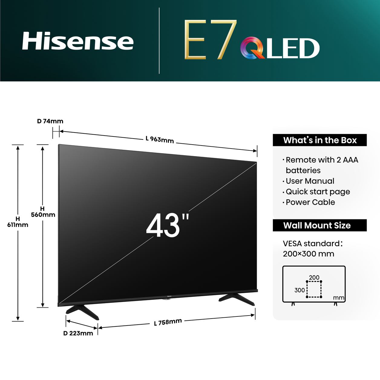 Hisense 43E7NQTUK TV 109.2 cm (43") 4K Ultra HD Smart TV Wi-Fi Black 350 cd/m²