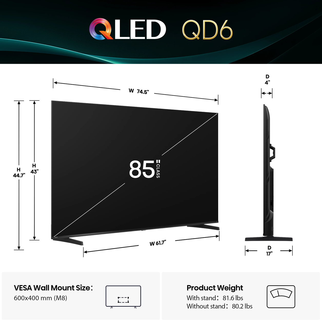 Hisense 85QD6QF TV 2.16 m (85") 4K Ultra HD Smart TV Wi-Fi Black