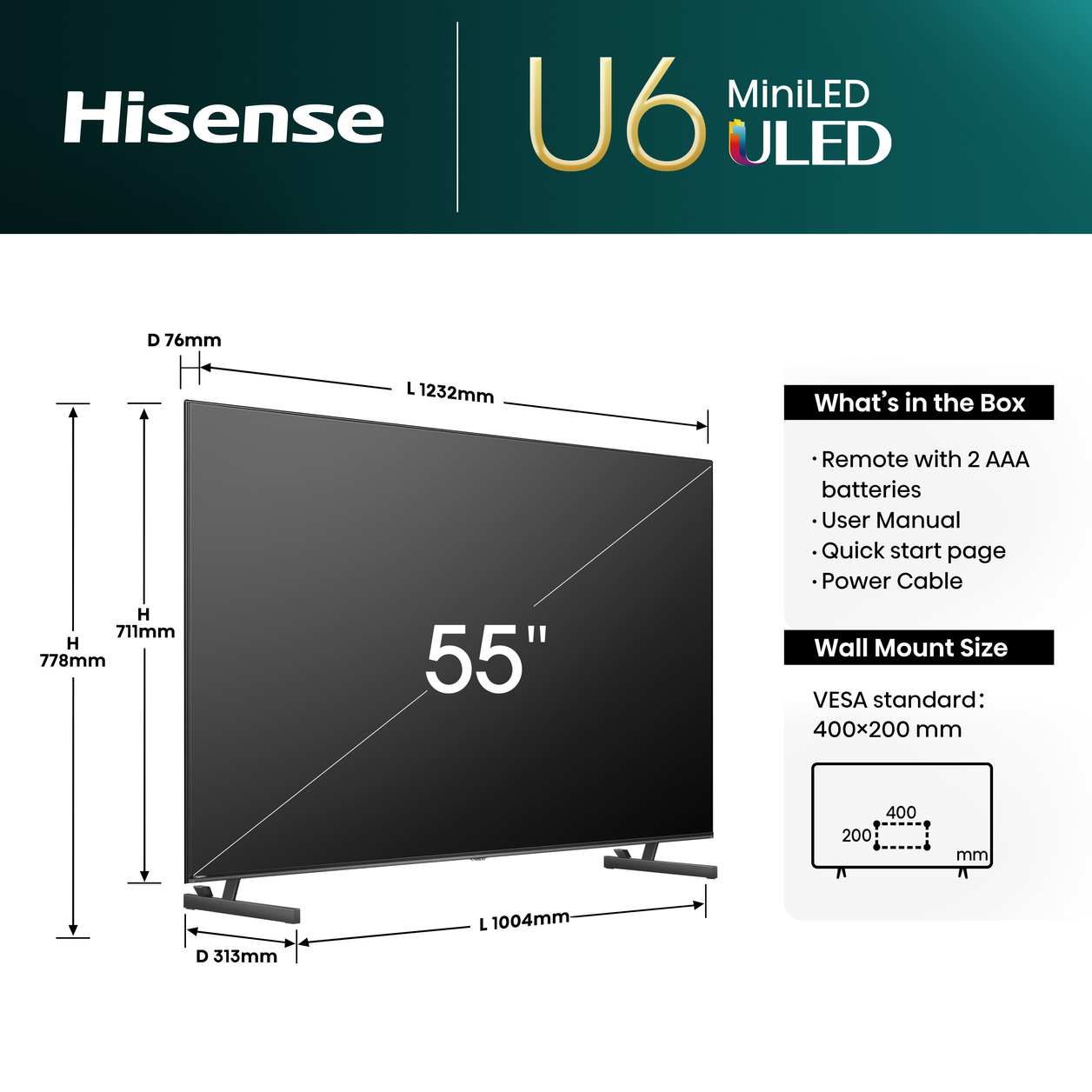 Hisense 55U6NQTUK TV 139.7 cm (55") 4K Ultra HD Smart TV Wi-Fi Grey 600 cd/m²