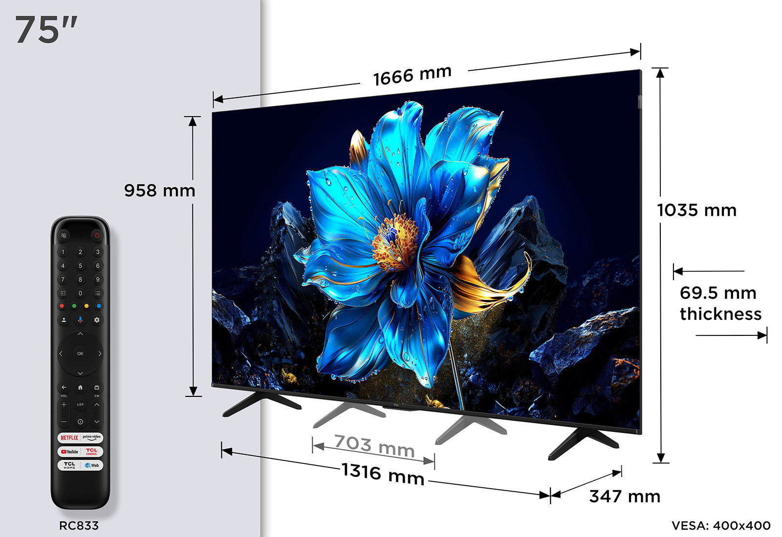 TCL 75P7K-UK TV 190.5 cm (75") 4K Ultra HD Smart TV Wi-Fi Metallic 350 cd/m²