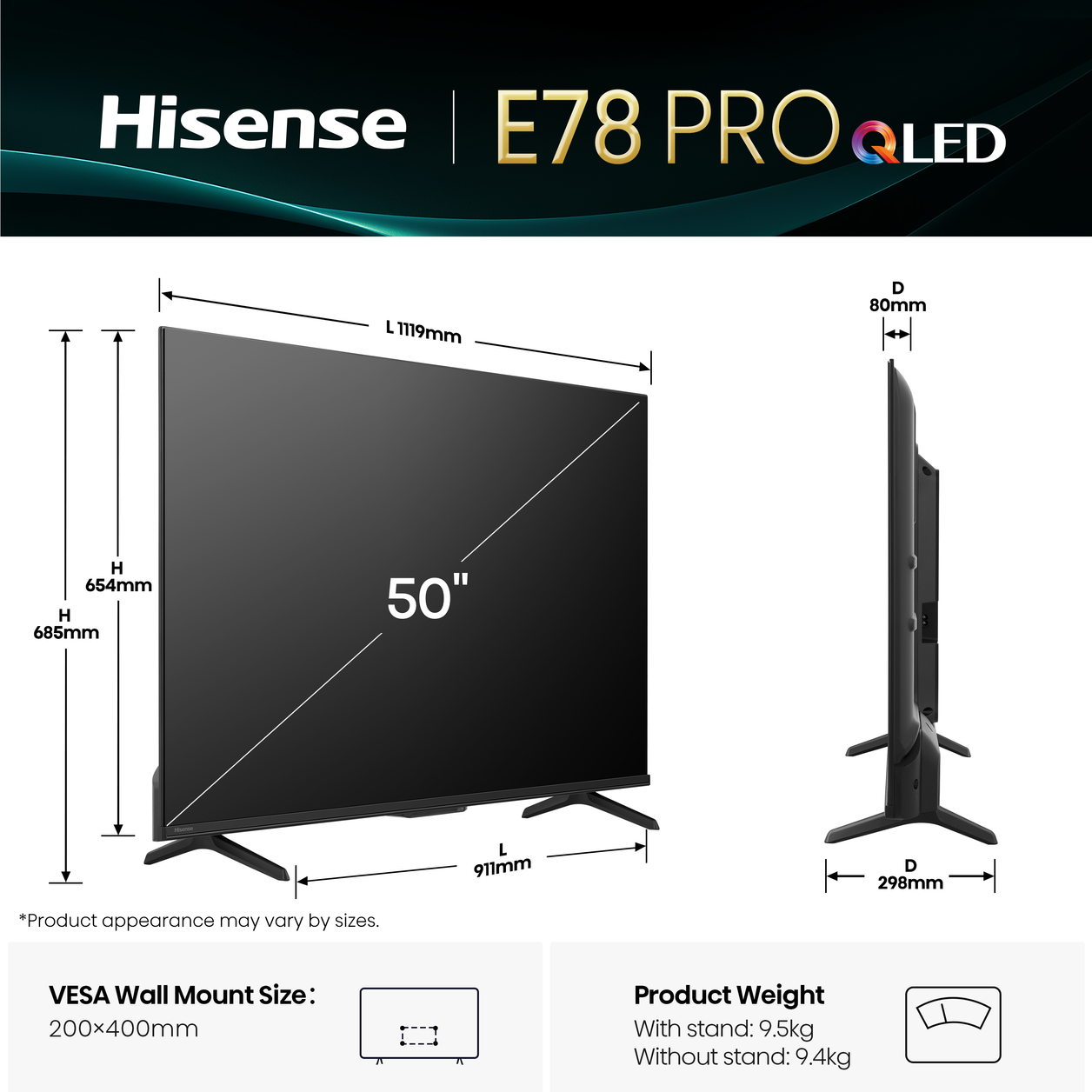 Hisense 50" E78QTUK PRO 144Hz QLED Smart AI TV with Freely