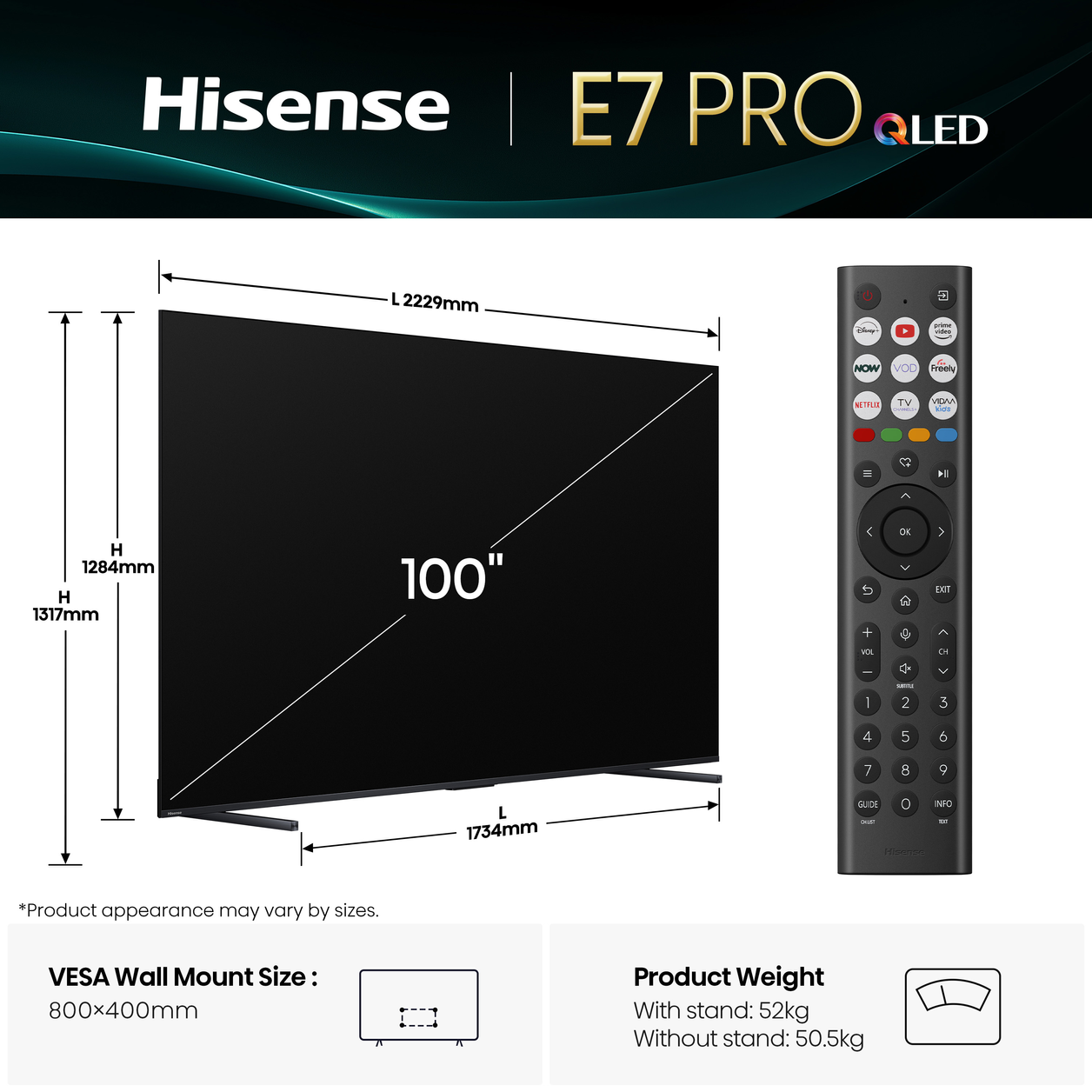 Hisense 100" E7QTUK PRO 144Hz QLED Smart AI TV with Freely