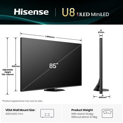 Hisense 85U8Q 2.16 m (85") 4K Ultra HD Smart TV Wi-Fi Black, Grey