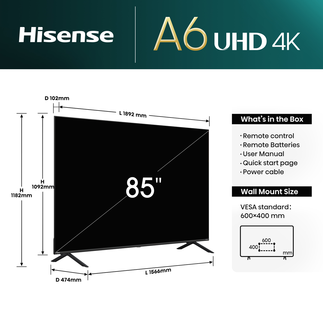 Hisense 85A6NTUK TV 2.16 m (85") 4K Ultra HD Smart TV Wi-Fi Black 400 cd/m²