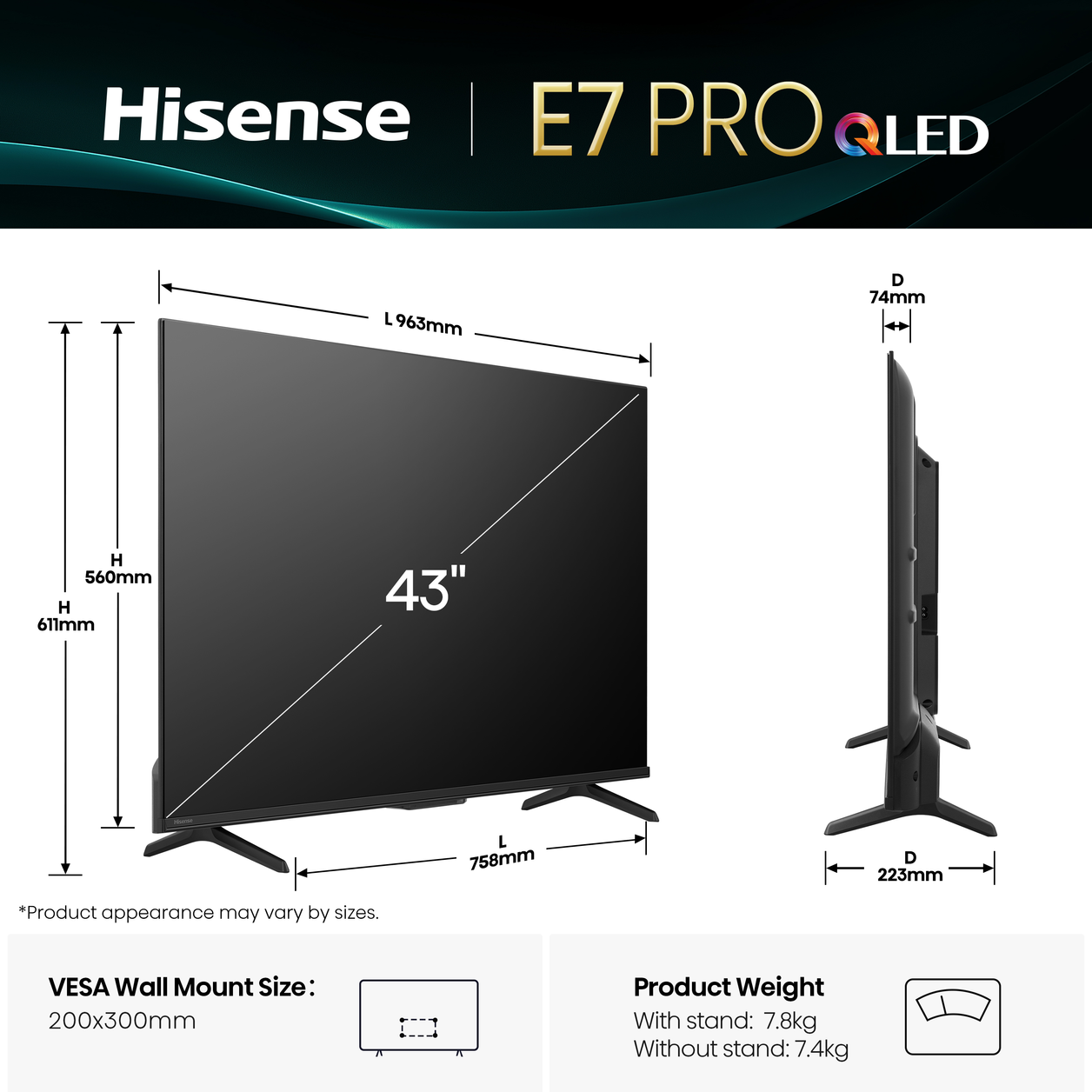 Hisense 43" E7QTUK PRO 144Hz QLED Smart AI TV with Freely