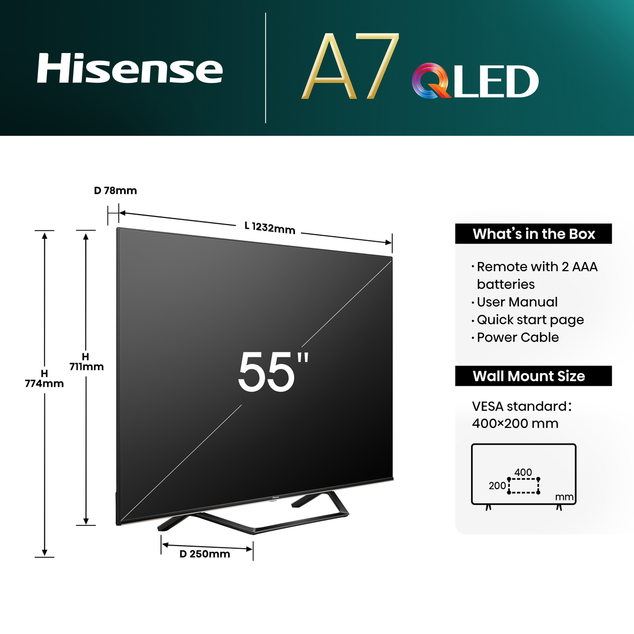 Hisense 55A7NQTUK TV 139.7 cm (55") 4K Ultra HD Smart TV Wi-Fi Grey 275 cd/m²