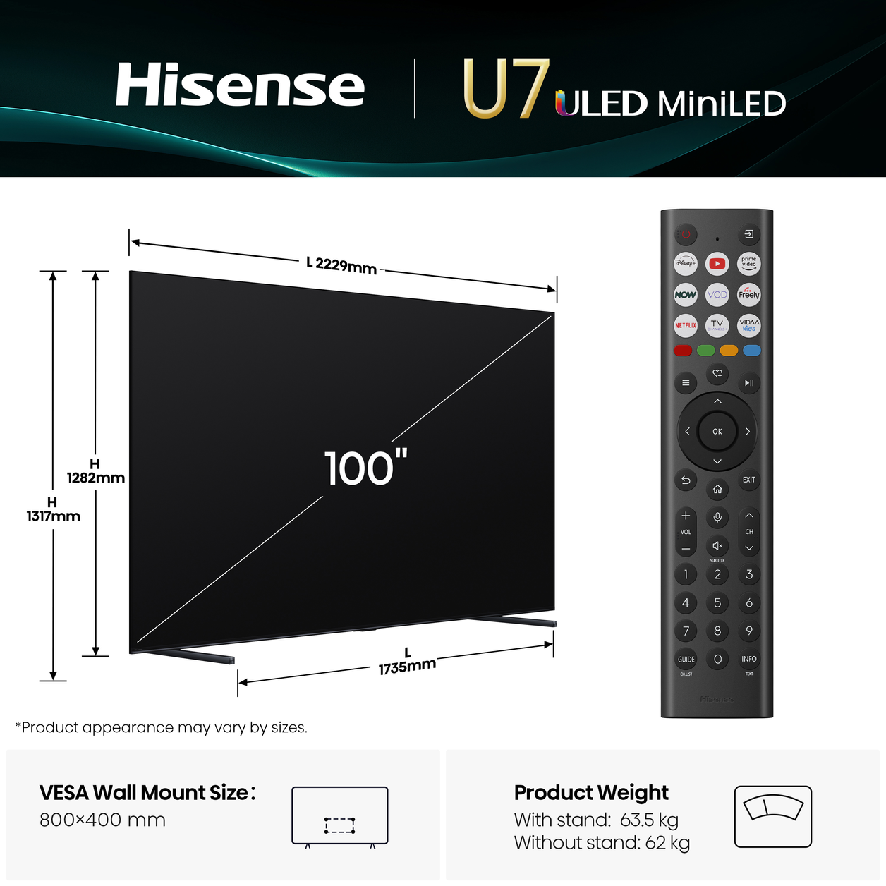Hisense 100U7QTUK TV 2.54 m (100") 4K Ultra HD Smart TV Wi-Fi Black 450 cd/m²