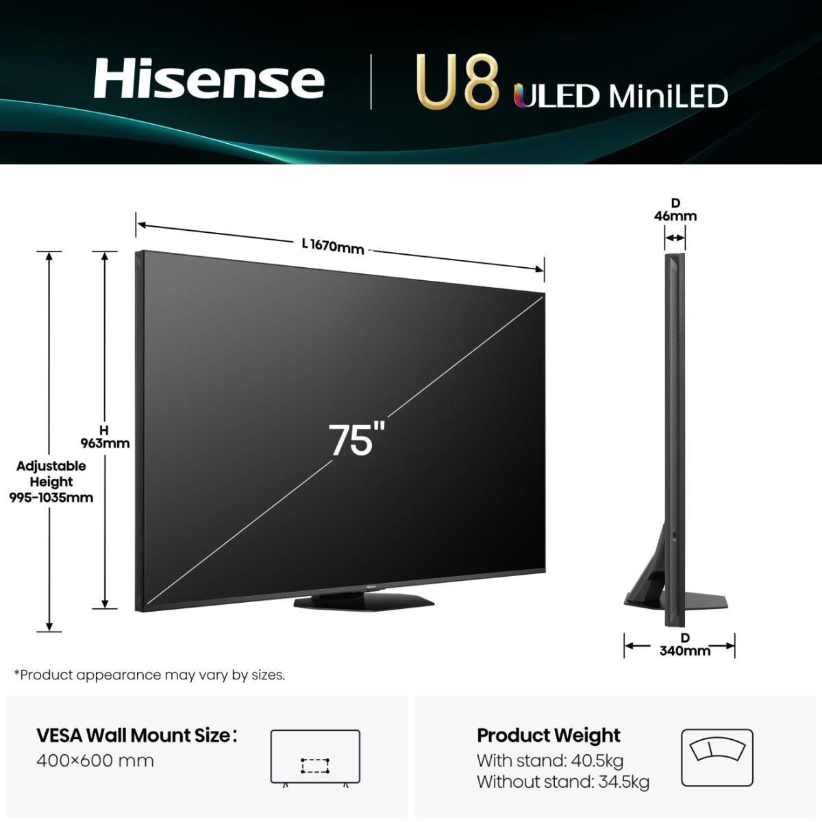 Hisense 75U8Q 190.5 cm (75") 4K Ultra HD Smart TV Wi-Fi Black, Grey