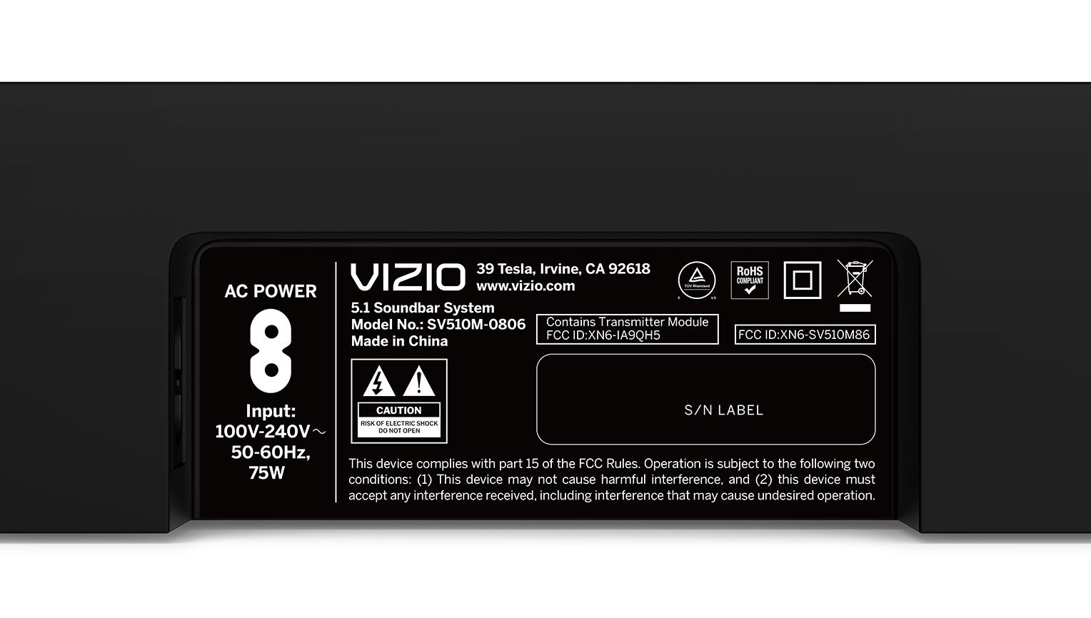 VIZIO SV510M-0806 soundbar speaker Black 5.1 channels