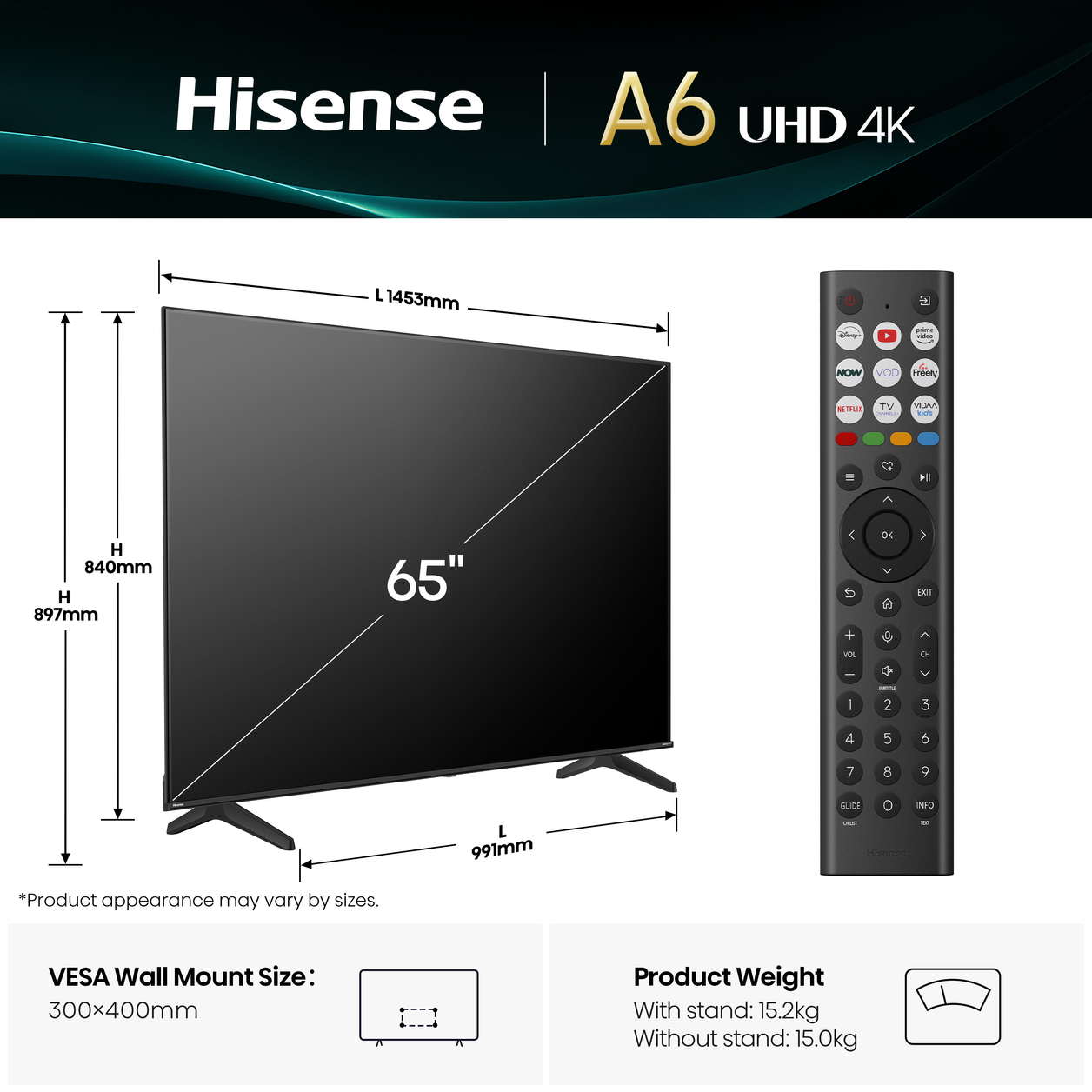 Hisense 65A6QTUK TV 165.1 cm (65") 4K Ultra HD Smart TV Wi-Fi Black 330 cd/m²