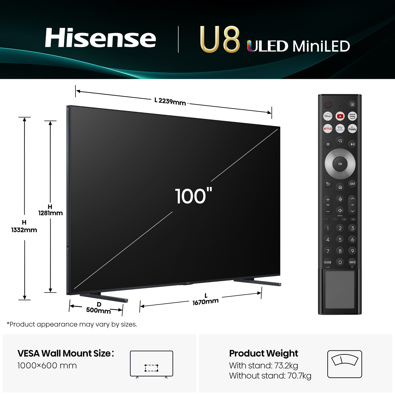 Hisense 100" U8QTUK MiniLED QLED 165Hz Smart AI TV with Freely